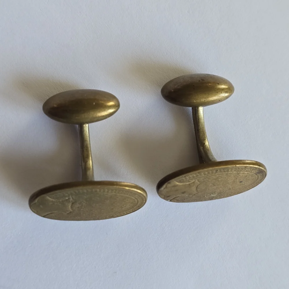 Vintage cuff links gold tone oval shield engraved edwardian art deco style